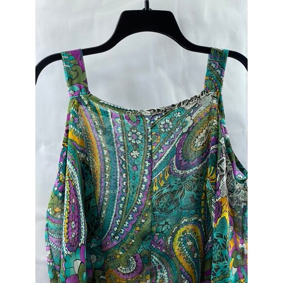MANDEE Women's Green Sheer Printed Straight-Neck Cutout Shoulder Top SZ S - Picture 3 of 8